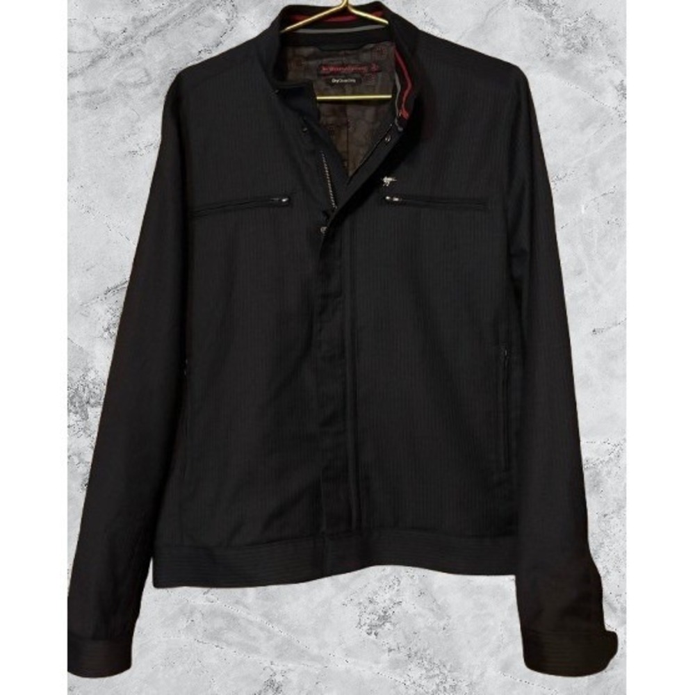 Modern Amusement Mens Black Wool Blend Pinstripe Bomber Jacket Mock Neck Large